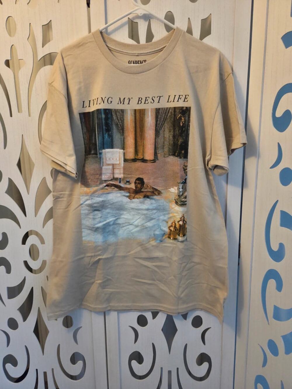 Scarface Living My Best Life T Shirt Large Beige Graphic Movie Tee Cotton NWT